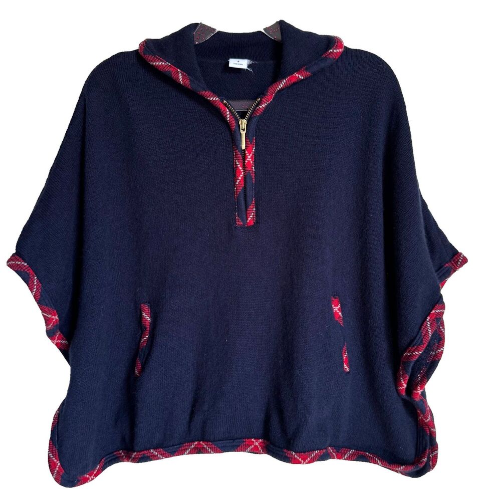 Janie and Jack poncho sweater girls 5 navy plaid trim quarter zip pocket